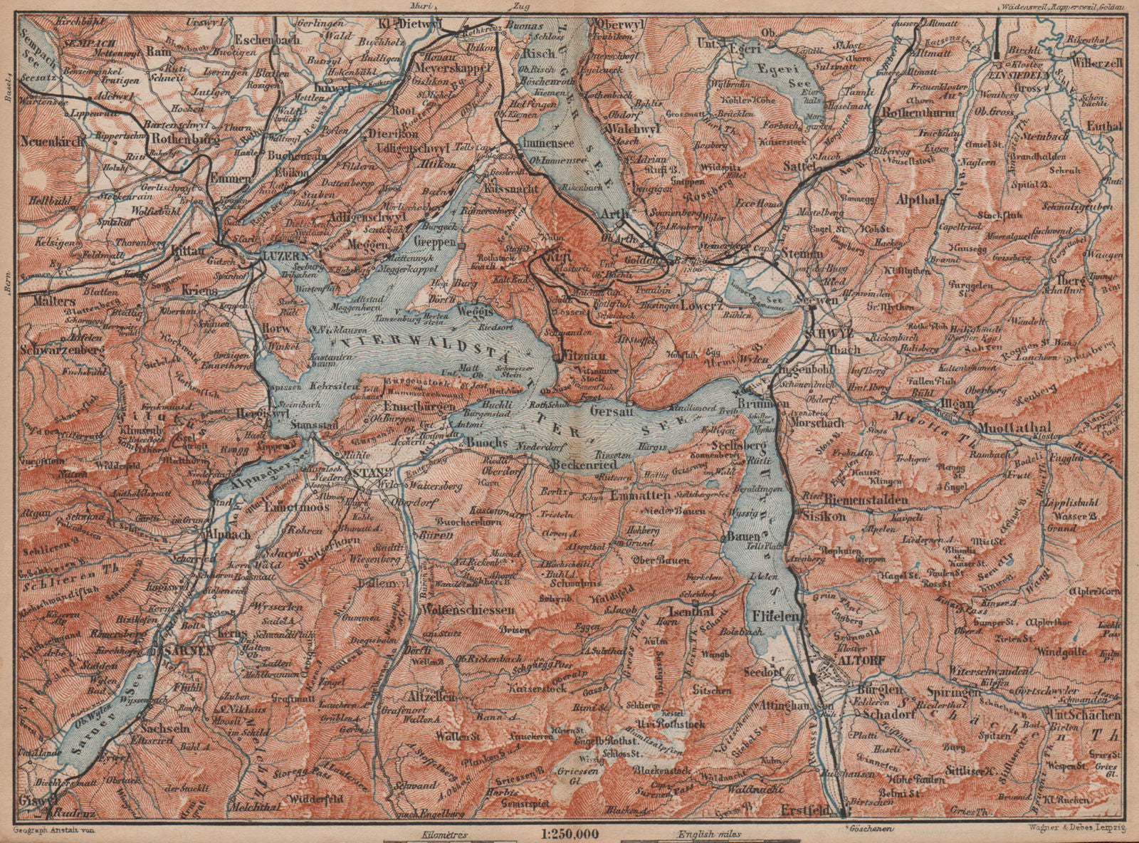 LAKE LUCERNE. Vierwaldstättersee. Luzern Engelberg Sarnen Altorf Stanz 1893 map